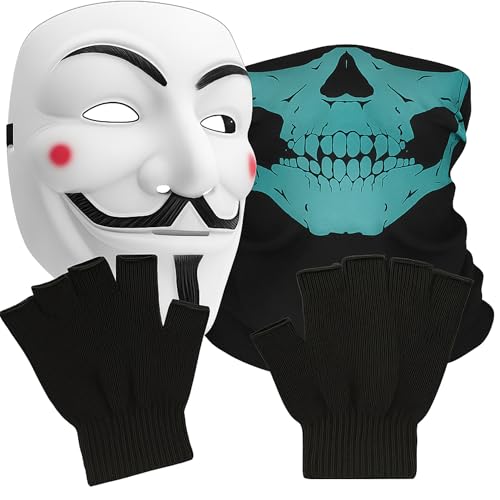 Primary Shipments Hacker Mask Set with Gloves & Skull Gaiter – 3 Piece Cosplay Costume Kit, Universal Fit for Adults (Cloud White)