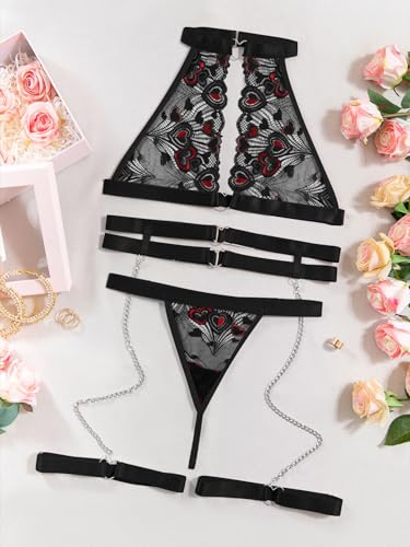 Image of Foxiny Sexy Halter Heart Ring Cutout Chain Floral Lace Sheer Garter Belt Lingerie Set 3 Piece