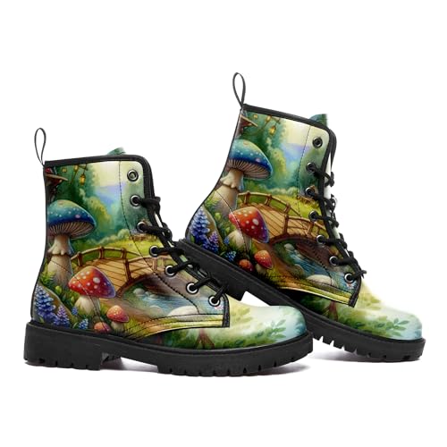 Artistic Mushroom Mid-Top Combat Boots Men's Women's Floral Lace-Up Ankle Shoes for Hiking,Street Wear,Casual Walking4