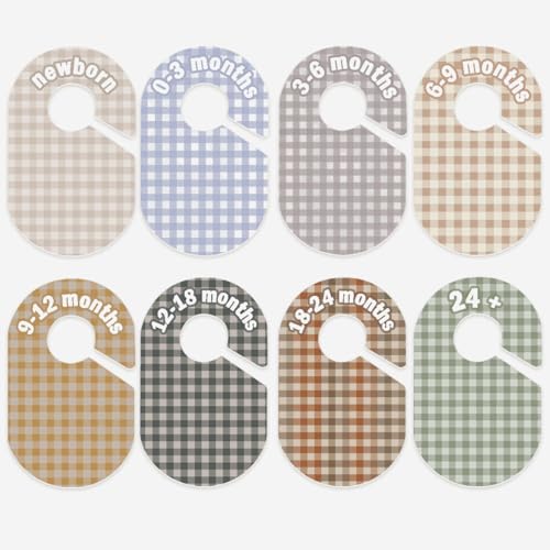 Image of eoscasely Baby Closet Divider, Baby Wardrobe Organizer, Double-Sided Pastel Gingham Design, Nursery Decor Clothes Hanger Dividers for Sorting 8 Sizes from Newborn to 12+ Months