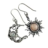 Boho Opal Sun and Moon Drop Dangle Earrings Moonstone Natural Stone Hook Bohemian for Women Asymmetrical Antiqued Silver Celestial Jewelry-A