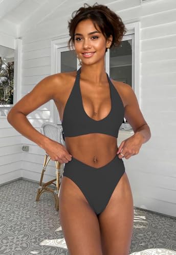 Women's Sexy High Leg Triangle Halter Bikini Set Padded Cup Bikini Cheeky Swimsuit V Cut Thong Bathing Suit3
