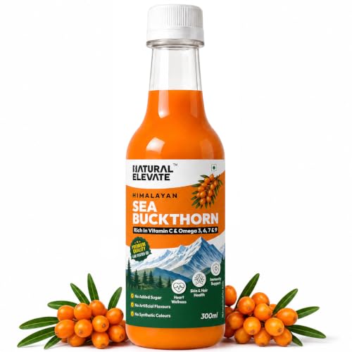 Image of Natural Elevate Pure Himalayan Sea Buckthorn Juice 300ml | Cold-Pressed Sea Buckthorn Pulp Concentrate | Rich in Omega 3, 6, 7 & 9 + Vitamin C | Antioxidant-Rich Nutraceutical | Supports Immunity, Skin, Heart & Gut Health | No Added Sugar | Lab Tested