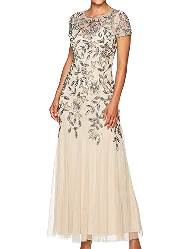 Adrianna Papell Women's Petite Floral Beaded Godet Gown, Taupe/Pink, 4P