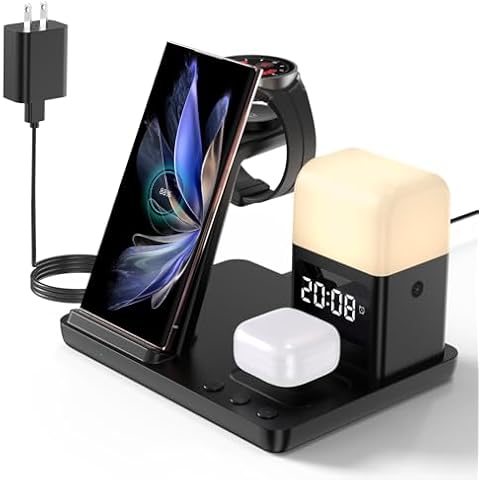 Wireless Charger for Samsung: JoyGeek 5 in 1 Charging Station for Samsung S24/Flip5/Fold5/Note 20 Ultra - Phone Charger Stand for Galaxy Watch 6/5/4/3,Buds Live/Plus/2 Pro-Alarm Clock, 3 Night Lights Cover