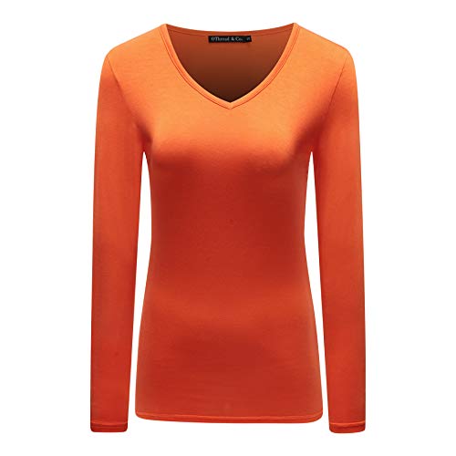 OThread & Co. Women's Long Sleeve T-Shirt V-Neck Basic Layer Stretchy Shirts (Medium, Orange)