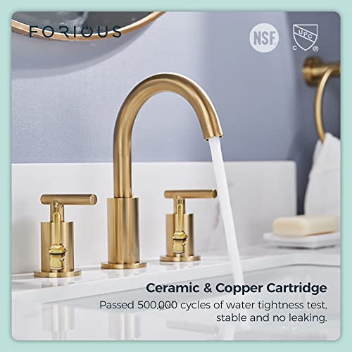 FORIOUS 2 Handle Gold Bathroom Faucet 8 inch Bathroom Sink Faucet with Pop Up Drain, 3 Hole Widespread Brushed Brass Bathroom faucets, Brushed Gold