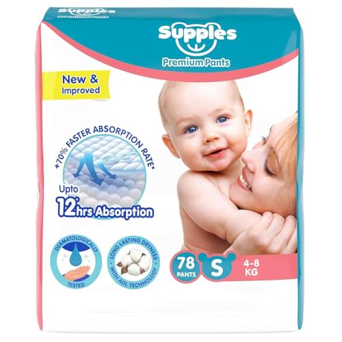 Image of Amazon Brand - Supples Premium Baby Diaper Pants | 78 Baby Diapers | Small | 4-8 Kg | 12 Hrs Absorption | Cushiony Cotton Soft Fabric | Phthalates-Free | Triple Leak Guard