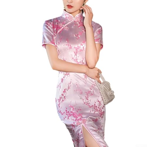 Cheongsam Robe longue chinoise modifiée à manches courtes pour femme - Imprimé rétro - Robe chinoise traditionnelle élégante - Coupe ajustée (M rose)