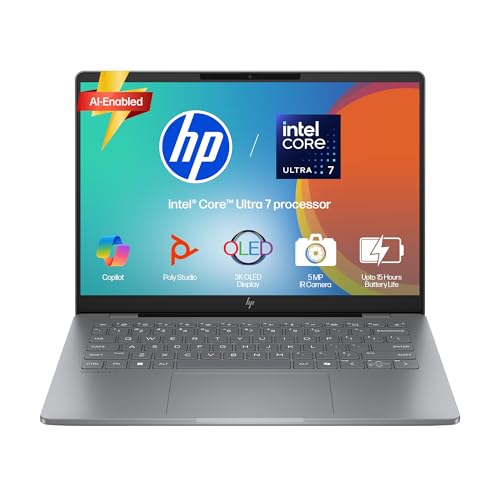 Image of HP OmniBook 7 OLED (Previously Pavilion Plus), Intel Core Ultra 7 255H (32GB LPDDR5,1TB SSD) 3K,0.2 ms, 14'' /35.6cm, Win11, M365, Office24, Meteor Silver,1.5kg, fr0116TU, 5MP Camera, Backlit AI Laptop