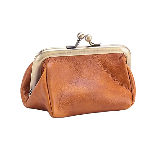 ZZHAOYI Genuine Leather Mini Vintage Coin Purse Kiss Lock change purse Cute Coin Purse Coin Organizer (Brown)