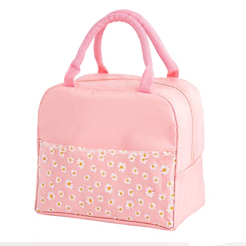 OTKARXUS Insulated Lunch Bag for Women,Portable Waterproof Lunch Box Cooler Bag with Daisy Pattern Transparent Pocket,Lunch Bag for Adults Girls Kids School Work Picnic Travel (A Pink)