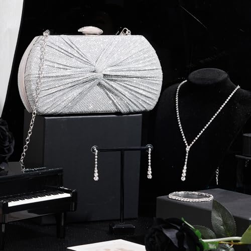 Blosssound 4 Pcs Silver Clutch Purse Jewelry Set for Women Includes Rhinestone Purse Silver Hand Bag Crystal Necklace Earrings Bracelets for Bridal Wedding Evening Party Accessories4