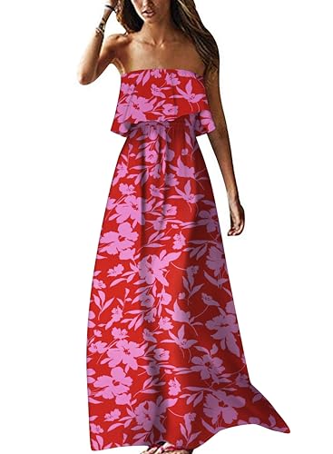 Image of ZMPSIISA Women's Summer Off The Shoulder Maxi Dress Ruffle Strapless Blue White Porcelain Boho Casual Loose Long Dresses