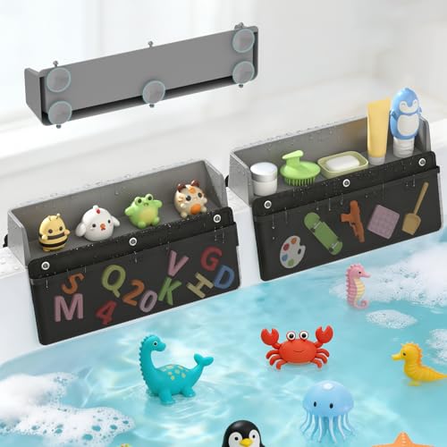 Silicone Bathtub Splash Guard 2-Pack with 10 Suction Cups & Hanging Mesh Shower Caddy Tub Topper Splash Guard for Kids Bath Tub Water Guard Bathtub Ledge Guard with Detachable Mesh Shower Organizer