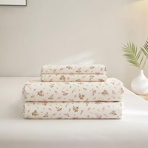 VClife Luxury Soft Floral Bed Sheet 4 Pieces California King Bed Sheets Modern White Pink Floral Branches Printed Sheets for Woman Man, 16" Extra Deep Pocket Cooling Breathable Sheets for All Season Cover