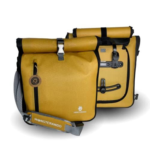 MONSTERANDO 3-in-1-Fahrradtasche Business, nachhaltig recyceltes PET-Material, geeignet als Gepäckträgertasche, Rucksack und Umhängetasche - wasserdicht - 25 l- Gelb