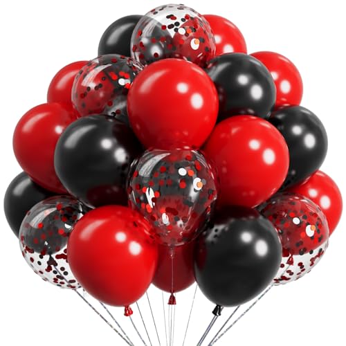 Image of Metallic Red and Black Balloons 12Inch 73PCS Black Red Confetti Latex Balloons Shiny Helium Balloon Set for Birthday Anniversary Graduation Party Decorations