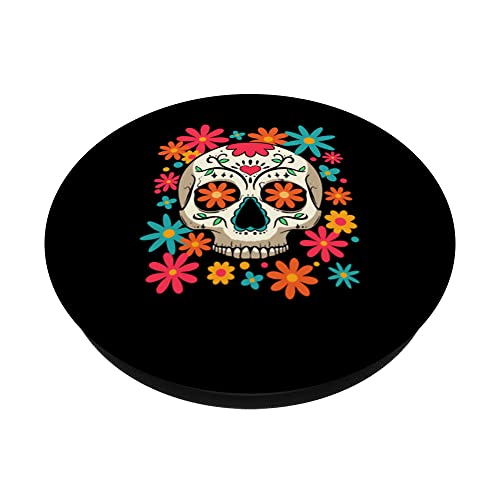 Floral Sugar Skull Dia De Muertos Day of The Dead Hippie PopSockets Swappable PopGrip, Black - Image 2