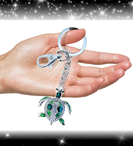 Aqua79 Green Sea Turtle Keychain - Silver 3D Sparkling Charm Rhinestones Fashionable Stylish Metal Alloy Durable Key Ring Bling Crystal Jewelry Accessory, Clasp For Key Chain, Purse, Backpack, Handbag #TOP3