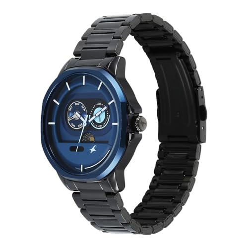 Image of Fastrack Street Opulence Sun Moon Multifunction Quartz Analog with Blue Dial Black Stainless Steel Metal Strap Watch for Men - 3303KM07