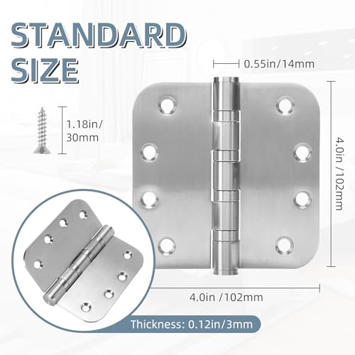 6 Pack Stainless Steel Silver Door Hinges for Exterior & Interior Doors, 4.0 x 4.0 Inch Heavy-Duty Ball Bearing Door Hinges with 5/8" Radius Corners - Image 3