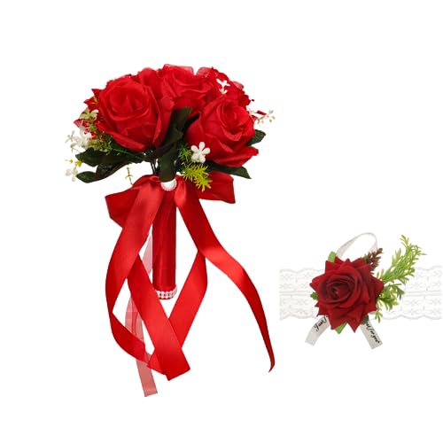 XIZHI Ramos de Boda para Novia con Rosas para muñeca, Ramo de Flores Artificiales para Dama de Honor, Cinta de Seda sintética para Boda, día de San Valentín, Fiesta, decoración de graduación (Rojo)