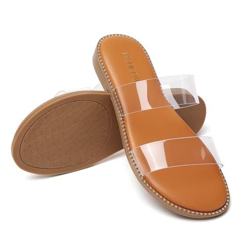Image of Tilocow Women's Flat Sandals Two Strap Summer Dressy Studded Slide Sandals Open Toe Cute Casual Slip on Comfort Shoes for Beach Travel Daily Wear