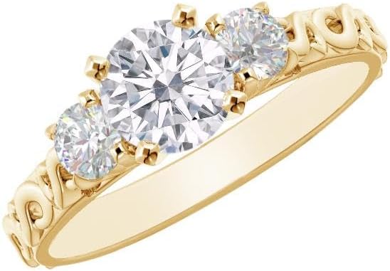1-6 Carat Round 14K Yellow Gold LAB GROWN Gemstone and LAB GROWN Diamond Engagement Ring (1ct Center, AAAA Heirloom Quality)
