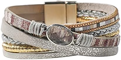 Vercret Leather Wrap Bracelet for Women - Light Grey Multi-Layer Magnetic Clasp Bangle Cuff Stacked Bracelets for lady and Mother