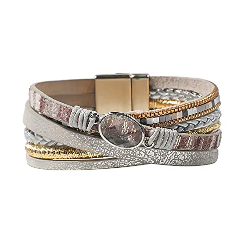 Vercret Leather Wrap Bracelet For Women - Light Grey Multi-Layer Magnetic Clasp Bangle Cuff Stacked Bracelets For Lady And Mother #TOP29