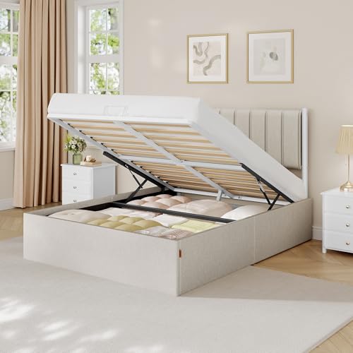VASAGLE Estructura de Cama, 140 x 200 cm, Cama Elevable, 2 Personas, con Almacenaje, Cabecero, Sistema Hidráulico, Moderno y Minimalista, Fácil Montaje, Beige Capuchino RMB614LH01