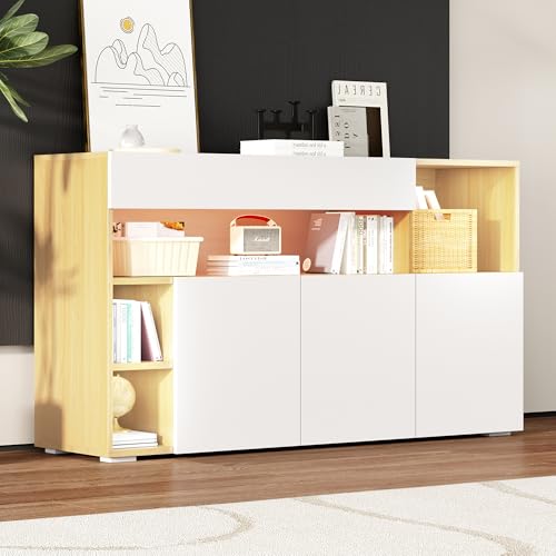 Aparador LED ancho 140 cm, aparador multifuncional, aparador alto, aparador de lujo para salón, armario esquinero para pasillo, armario para dormitorio, blanco y roble