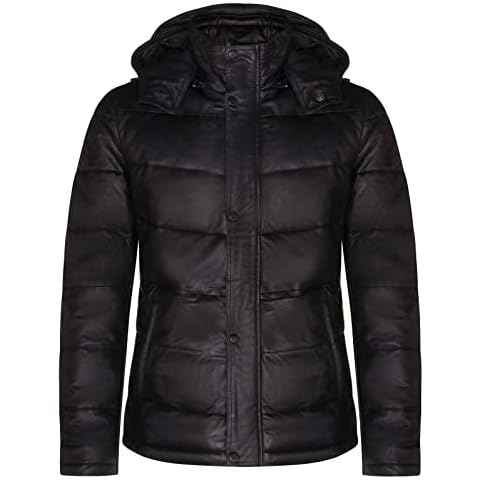 Men's Puffer Black Leather Quilted Warm Bomber Hooded Jacket XS Cover