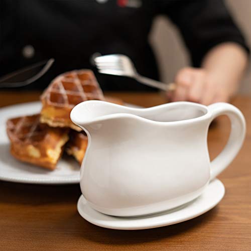 Gonioa 17oz Porcelain Gravy Boat with Tray and Big Dripless Lip Spout for Gravy, Warming Sauces, Salad Dressings, Milk and More - Microwave and Dishwasher Safe - Thumbnail 5
