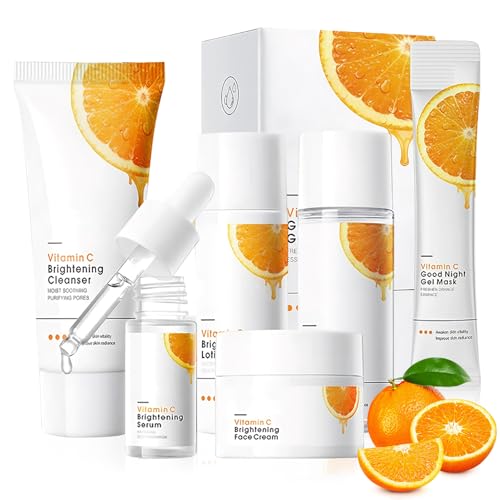 5 Teiliges Vitamin C Gesicht Set, Gesichtspflege set Bestehend Aus Reinigungsmilch, Gesichtswasser, Serum, Creme und Feuchtigkeitscreme,EnthäLt 20 Blattmasken, Geeignet für die Tages und Nachtpflege