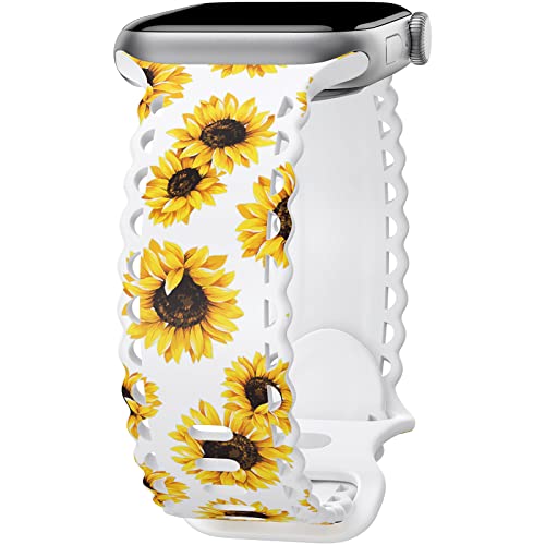 Image of Compatible with Apple Watch Band 41mm 40mm 38mm 49mm 45mm 44mm 42mm Women Girl, Sunflower Print Lace Hollow-out Soft Silicone Sport Bands For iWatch Ultra SE Series 9 8 7 6 5 4 3 2, SunflW-42