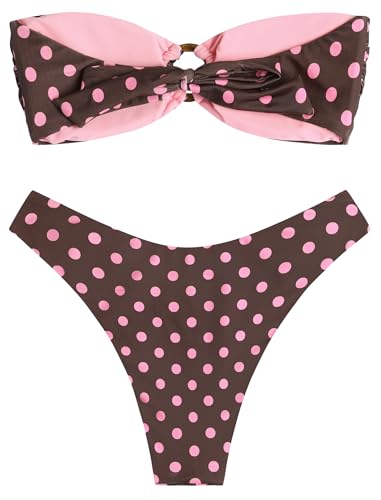 Image of ZAFUL Women's Bandeau Bikini O Ring Strapless Tie Back High Cut Two Piece Swimsuit Bathing Suits
