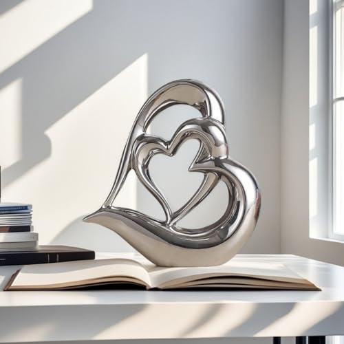 Dubbel hart keramisch beeldje, elegant hart voor decoratie, decoratieve sculptuur voor thuis, woonkamer, kantoordecoratie, geschikt als cadeau (zilver D) - Afbeelding 5