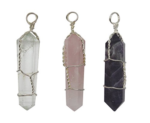 Crystalo - Natural Amethyst + Natural Rose Quartz + Natural Clear Quartz Double Terminated Wire Wrapped Crystal Point Pendant