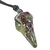 Lovionus89 Natural Crystal Stone Raven Skull Pendant Necklace Hand Carved Crow Head Charm with Adjustable Cord, Dragon Bloodstone