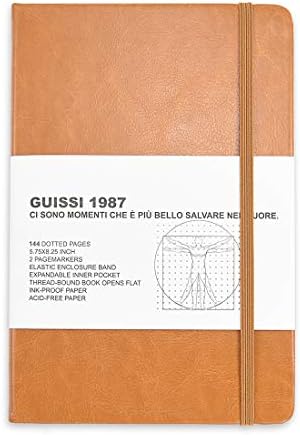 Guissi Classic Dotted Grid Bullet Notebook Journal Dot Hard Cover A5 80gsm Acid-free Paper with Inner Pocket Leather Office School Supplies 144 Pages