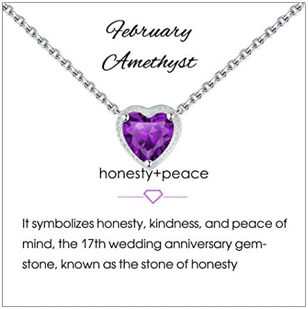 Qings Birthstone Heart Necklaces, 925 Sterling Silver Birthstone Pendant Necklace, Adjustable Chain Gift Box, 12 Months Jewellery for Women Jewelry Valentines Gift for Her Wife Girls Birthday Wedding