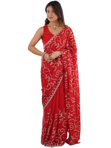 Image of AKHILAM Women's Red Georgette Embroidered Sequins Work Saree With Unstitched Blouse Piece (STARJAL1001 VH)