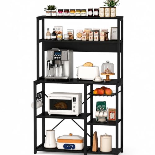 Image of 5-Tier Kitchen Storage Rack | Microwave Stand with Organizer | Kitchen Shelf Unit | Coffee Bar Organizer | Heavy Duty Metal & Wood Cabinet | Black | 90x40x150 cm