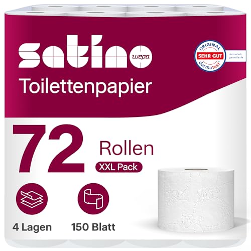 72 Rollen Toilettenpapier 4lagig super soft dank 100% Zellstoff - Made in Germany - 150 Blatt pro Rolle 9 Pack mit je 8 Rollen - super soft weiß Premium Klopapier 4 lagig WC Papier Satino