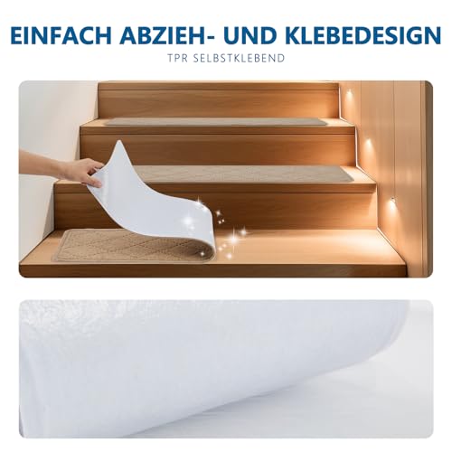 KOOTETA Teppich-Treppenstufen, rutschfest, 20x76cm (15 Pack), Teppich-Treppenläufer, wiederverwendbarer Klebstoff für alle sauberen, glatten Treppen, Stufenschutzmatte für Kinder, Beige