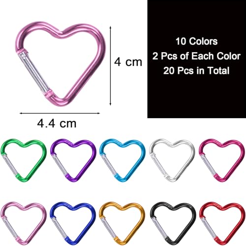 20 Stück Herz Karabiner 44 * 40mm, Bunt, Herzform Aluminium - Karabinerhaken in Verschiedenen Farben
