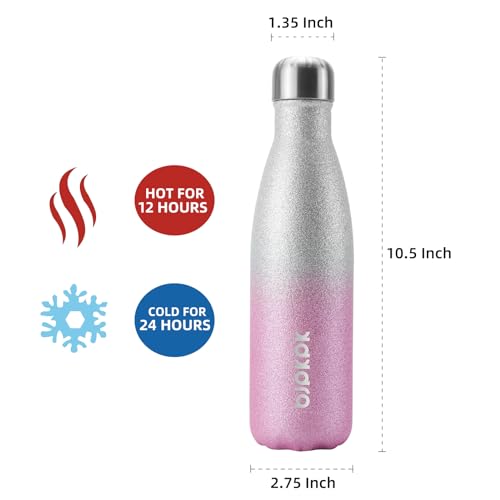 Image of BJPKPK 17oz Insulated Water Bottles Stainless Steel,Sports Water Bottles Keep Cold for 24 Hours and Hot for 12 Hours,BPA Free,Glitter Silver Pink