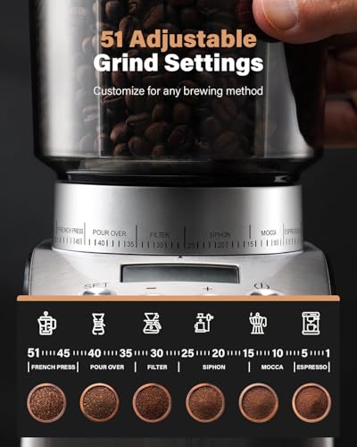 Image of KIDISLE Conical Burr Coffee Grinder Electric, Espresso Grinder for Home Use, Burr Mill with 51 Grind Settings, Precision Electronic Timer, Stainless Steel Container